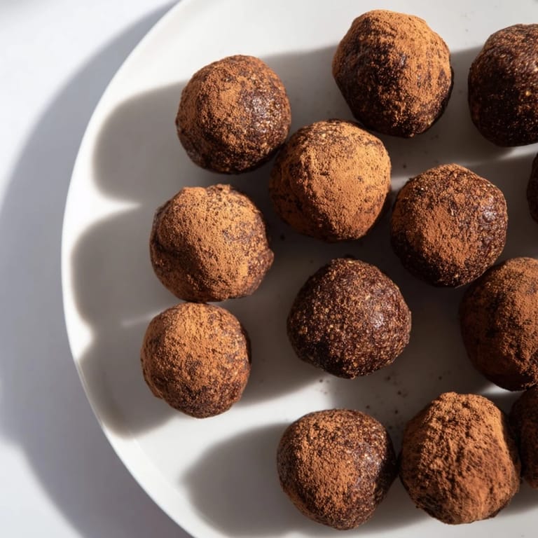 Cocoa-dusted Date & Walnut Truffles: A close-up view of creamy, bite-sized chocolate desserts.