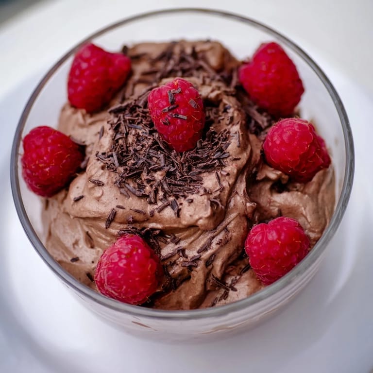 A close-up shot of rich and creamy avocado chocolate mousse, ready to be enjoyed with fresh berries.
