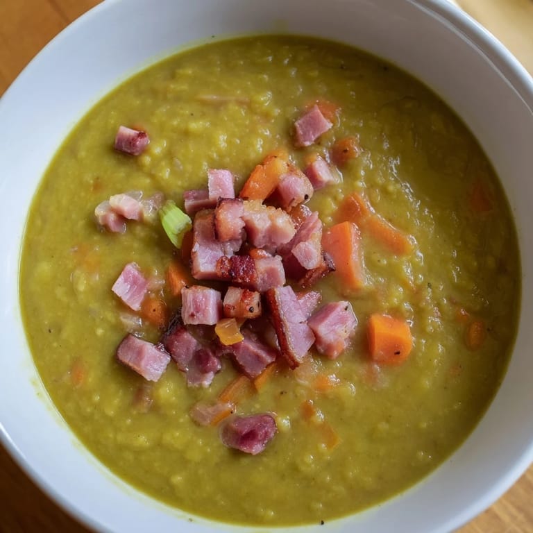 Close-up of hearty Split Pea Soup featuring chunks of ham and savory bacon pieces.
