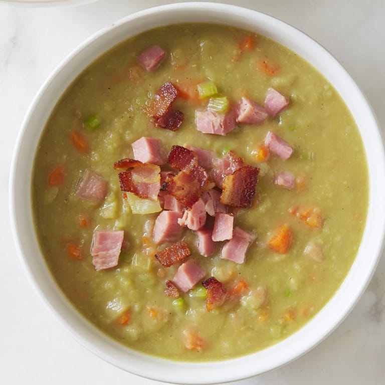 Thick and creamy split pea soup with ham, ready to serve, a comforting, warm meal.