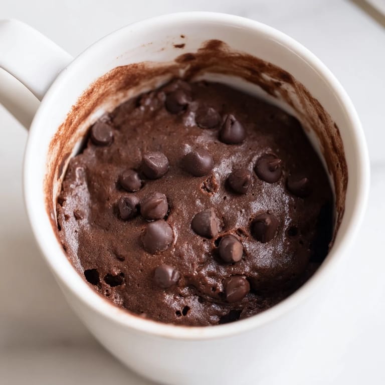 Close-up of a tender chocolate microwaved mug cake, perfectly cooked with a soft, moist texture.
