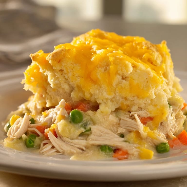 A delicious close-up of tender One-Pan Chicken Cobbler, topped with baked cheddar biscuits.