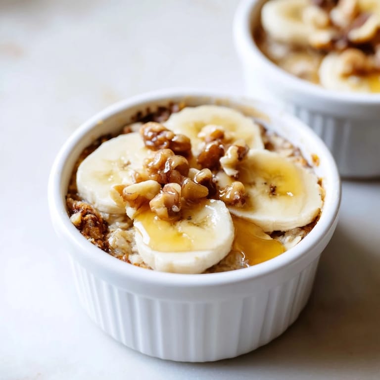 Warm, creamy baked oats ramekins, studded with banana slices and a honey glaze; perfect for brunch.