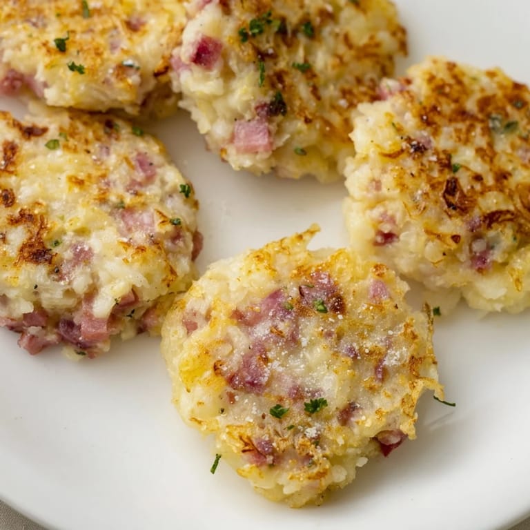Perfectly fried Depression-Era Ham & Potato Patties, showcasing a hearty mix of ham and potatoes, ready to eat.