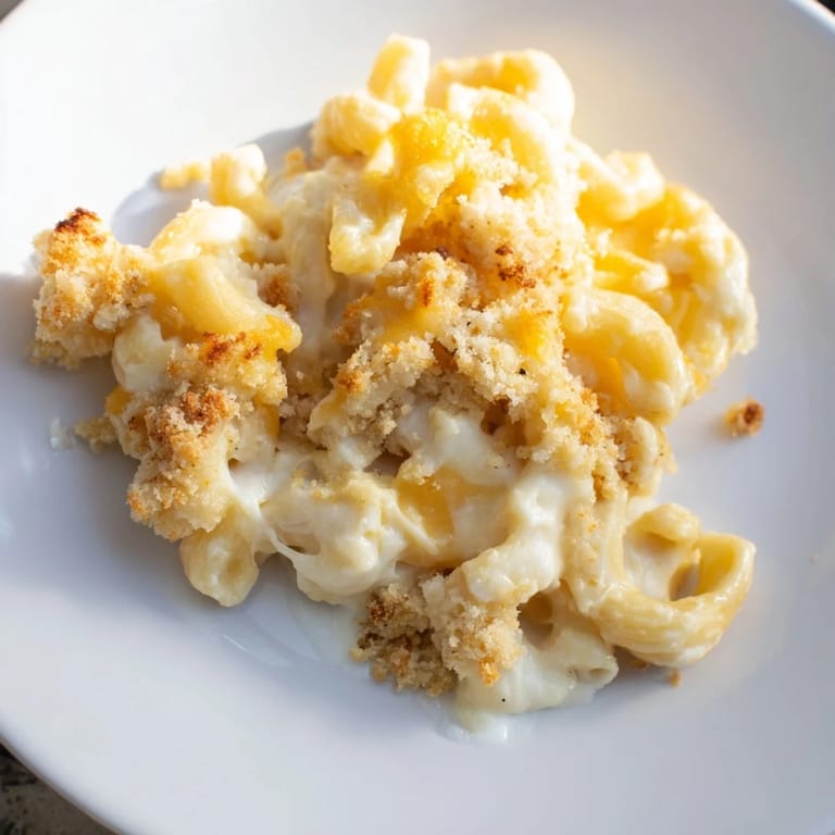 A close-up of cheesy Mac & Cheese with Evaporated Milk, boasting a golden crust, delicious and comforting.