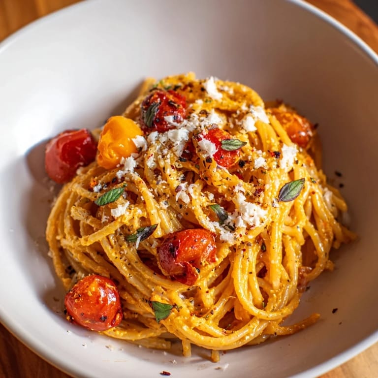 Close-up image of a bowl of Lazy-Girl Pasta, glistening with olive oil and fresh basil, ready to enjoy.