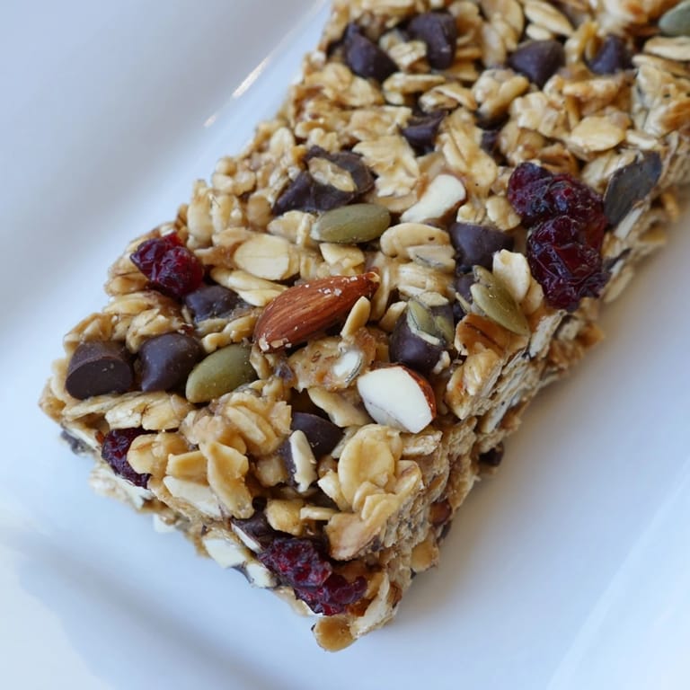 A perfectly cut square of a chewy homemade granola bar, an easy and healthy snack idea.
