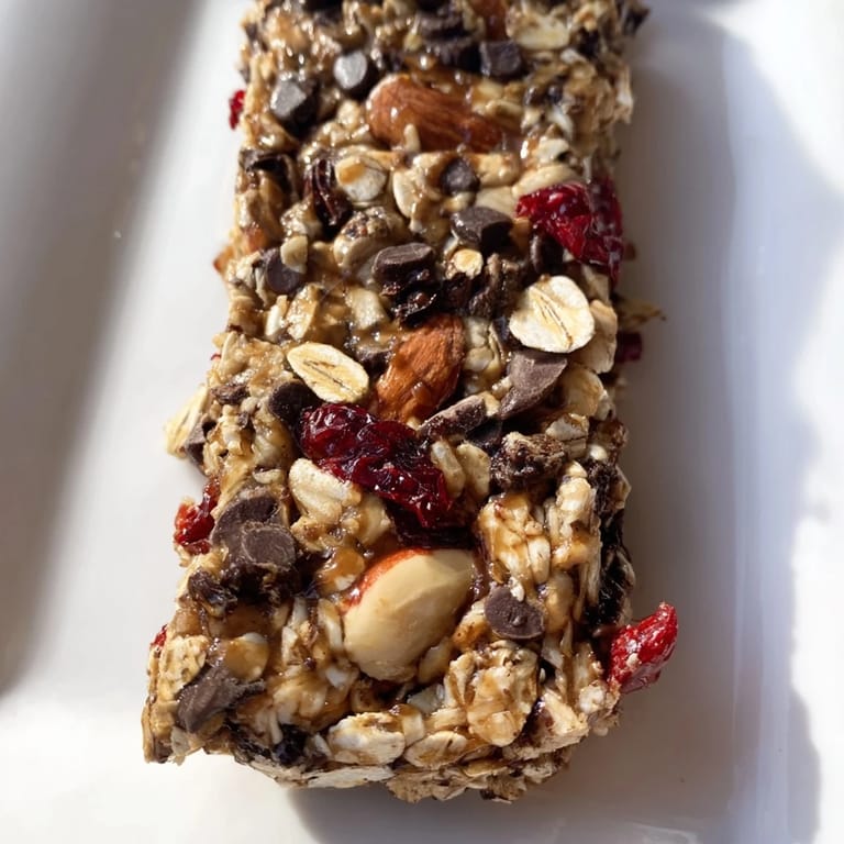 Close-up of freshly baked homemade granola bars, boasting a generous mix of seeds and dried fruit.