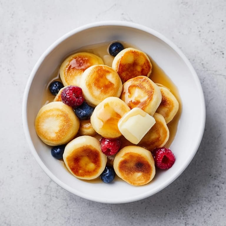 Fluffy mini pancakes, known as Pancake Cereal, topped with fresh berries, perfect for breakfast.