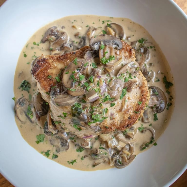 A close-up of tender Stove Top Pork Chops swimming in a creamy, mushroom-filled sauce.