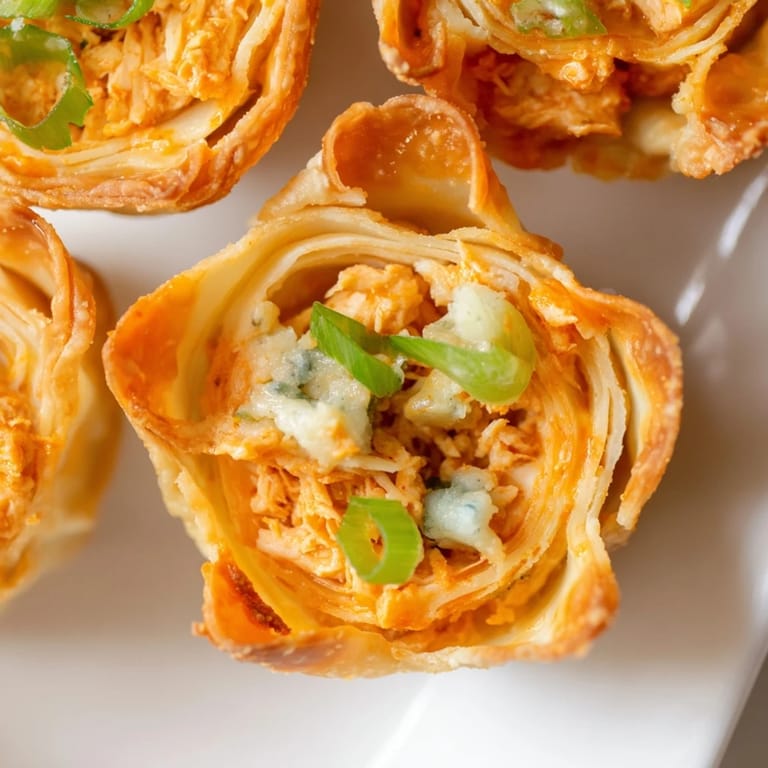 Spicy Buffalo Chicken Dip Pinwheel Wontons: imagine the savory filling encased in a flaky wonton crust.