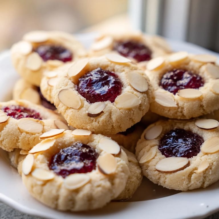 Freshly baked cherry almond thumbprint cookies, with a thumbprint indentation filled with vibrant red jam.