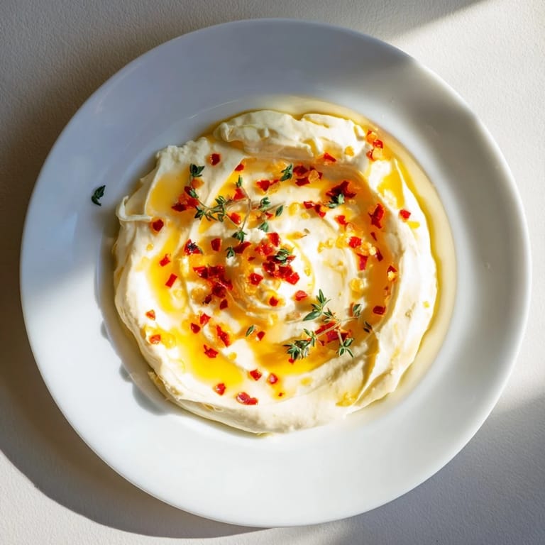 A visually stunning bowl of whipped ricotta dip glistening with a hot honey drizzle is ready to serve.