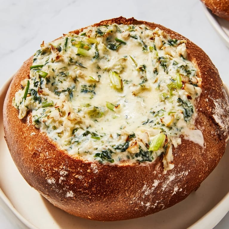 A close-up shot of the Best-Ever Spinach Dip, rich and creamy, overflowing its bread bowl.