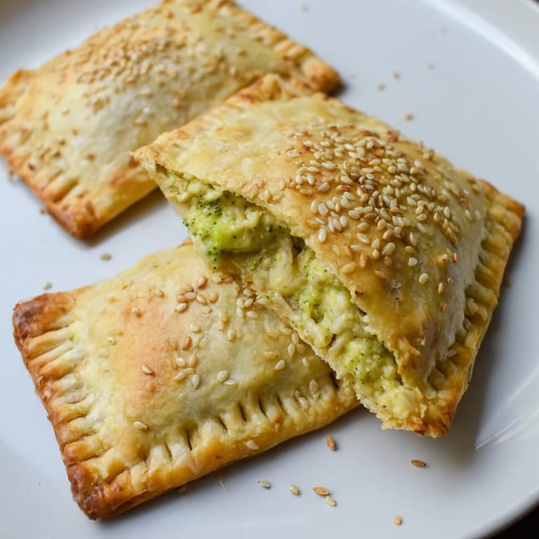 Close-up of baked Broccoli Cheddar Quiche-less Hand Pies, showing flaky crust and savory filling.