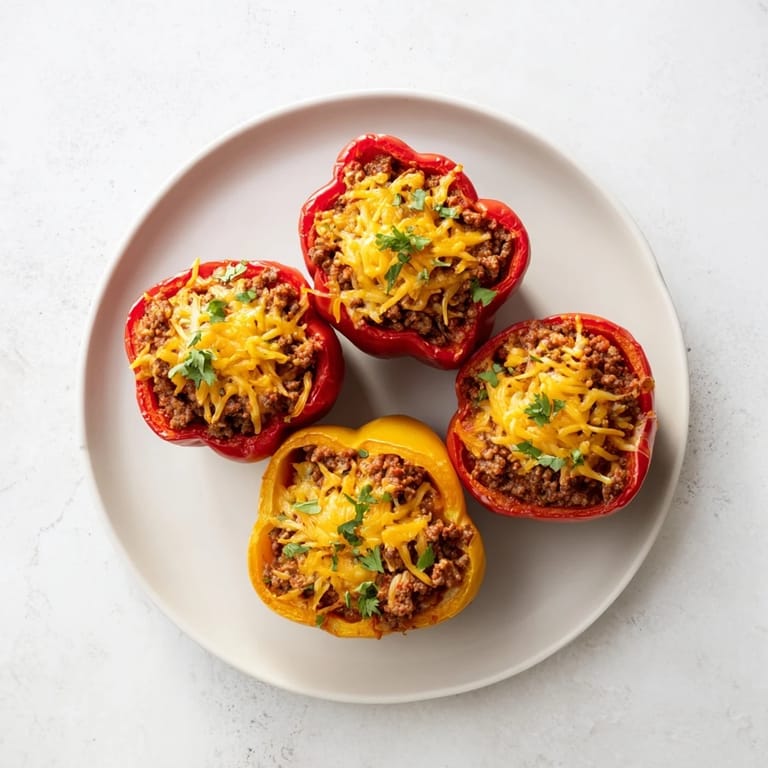 Golden cheese covers Sloppy Joe Stuffed Bell Peppers, a delicious, easy, and family-friendly American meal idea.