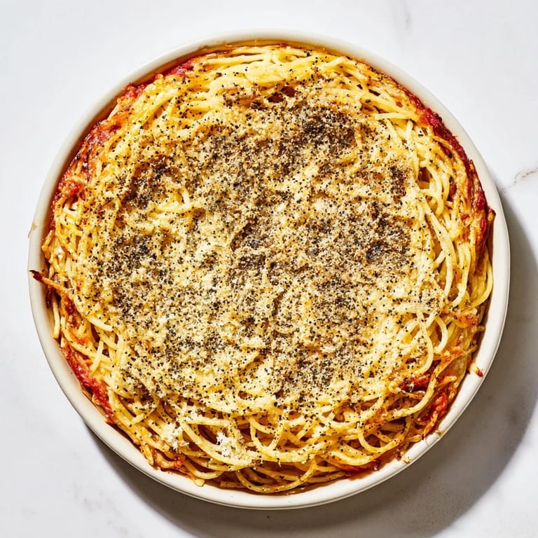 A comforting, cheesy Cacio e Pepe Pasta Pie with crispy edges, perfect for a family dinner.