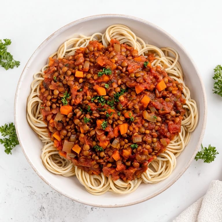 Fragrant Hearty Lentil Bolognese, bubbling and rich, perfect for a comforting family dinner.