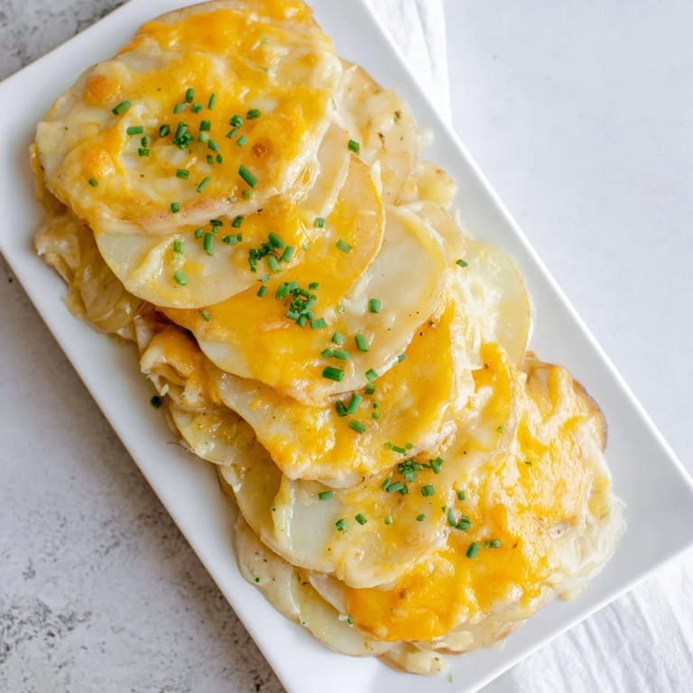 A close-up of cheesy, creamy Cheesy Scalloped Potatoes, fresh from the oven, offering comforting warmth.