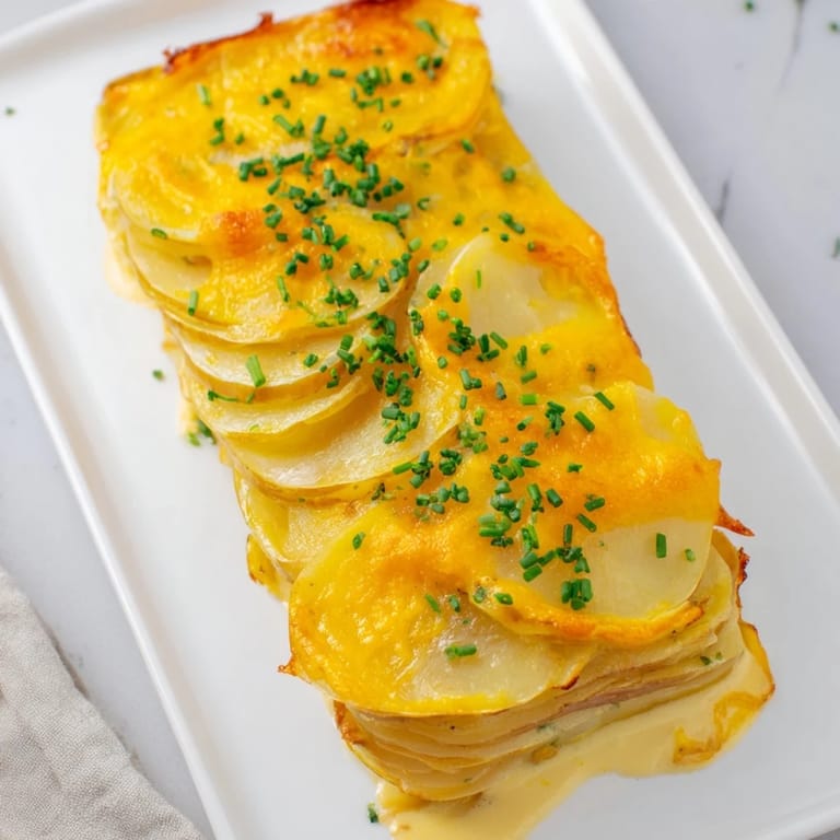 Delicious, layered Cheesy Scalloped Potatoes, baked with melted cheese, promising a savory, satisfying side dish.