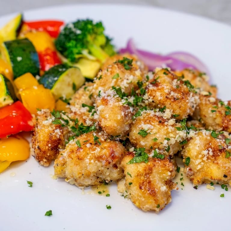 Sheet pan Garlic Parmesan Chicken Bites, featuring perfectly cooked chicken and tender, roasted vegetables.