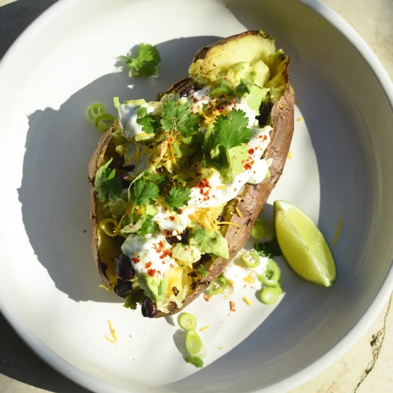 A close-up of fully loaded baked sweet potatoes: fluffy insides, black beans, corn, and a cheesy delight.