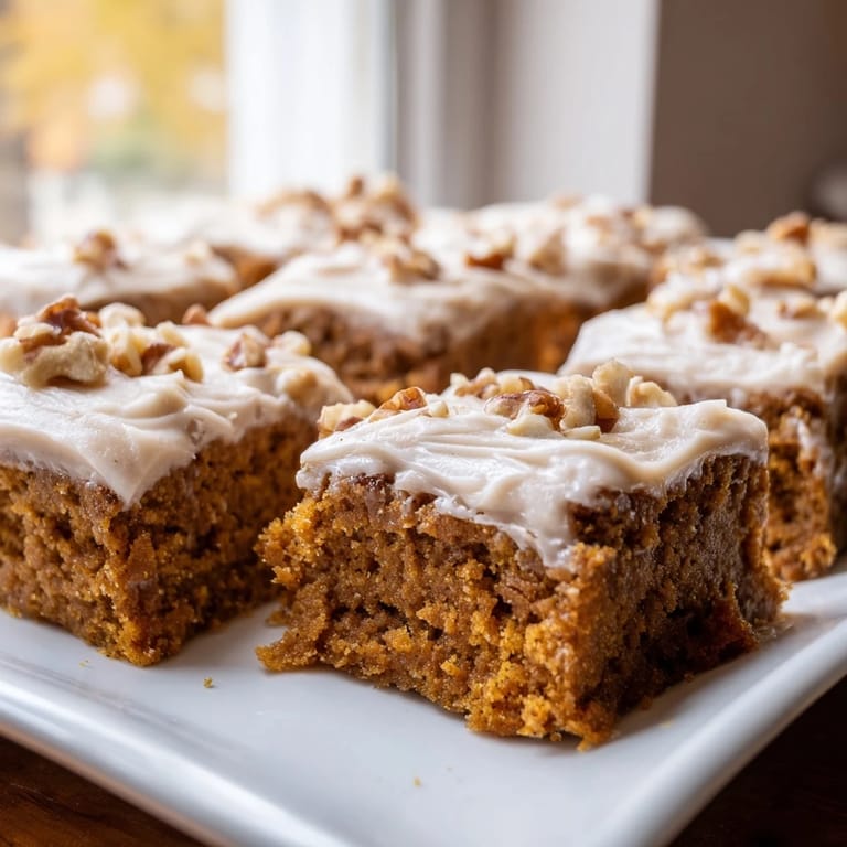 Served pumpkin bars, showing a layered delight, the pumpkin spiced cake with frosting.