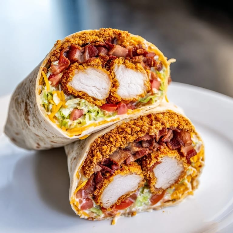 A close-up of a perfectly constructed crispy chicken bacon ranch wrap, ready to slice and devour.