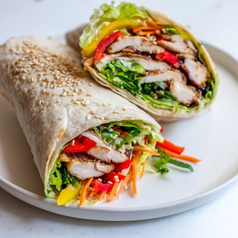 Beautifully plated teriyaki chicken wraps with vibrant vegetables, perfect for a quick and satisfying lunch.