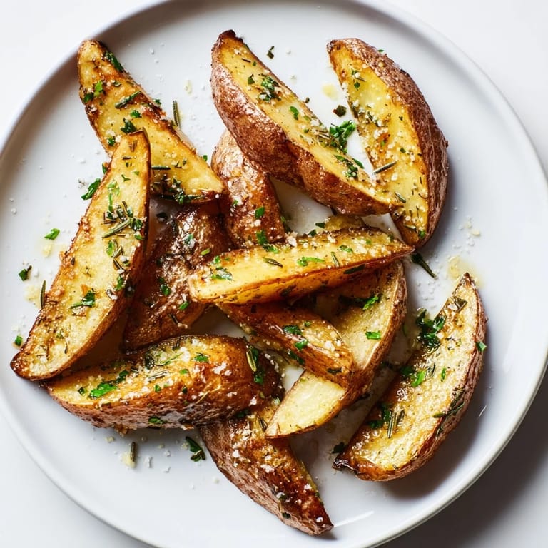 Close-up of freshly roasted Quick Rosemary Roast Potato Wedges showing the perfectly browned edges.