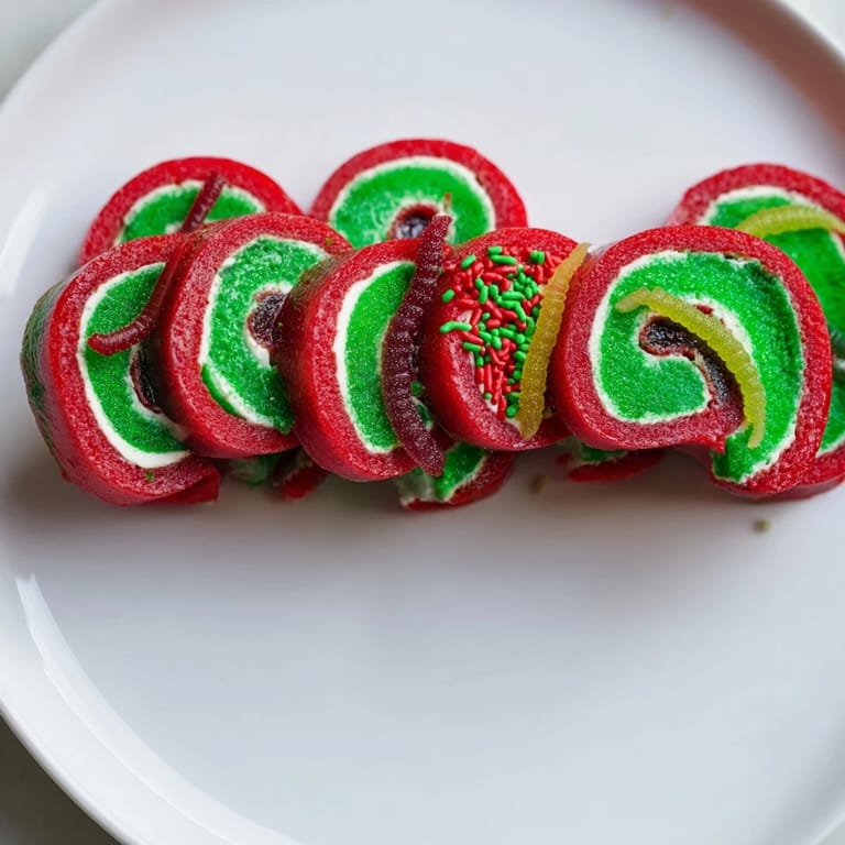 Close-up of delicious Easy Christmas Fruit Rollup Sushi, featuring marshmallow filling and festive holiday sprinkles.