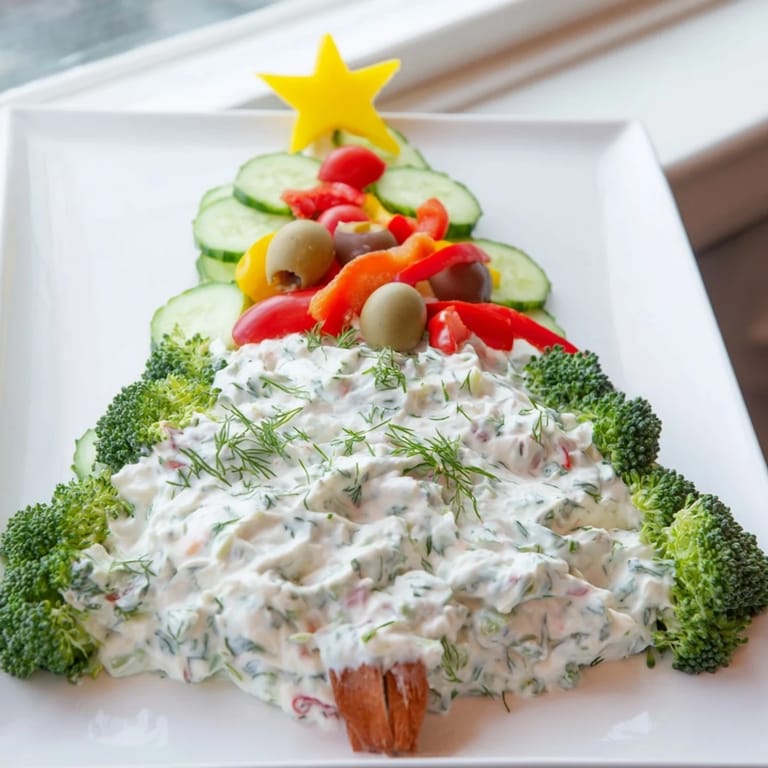 A beautiful Christmas Tree Dip, featuring a creamy base and attractive vegetable "ornaments" ready to be eaten.