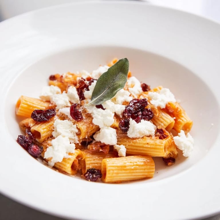 A close-up of a warm Cranberry-Sage Feta Pasta Bake, showcasing the melty cheese topping and vibrant cranberries.