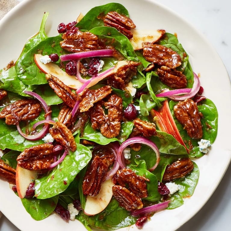 Close-up of a festive bowl: Gingerbread Spiced Candied Pecan Salad with maple balsamic dressing.