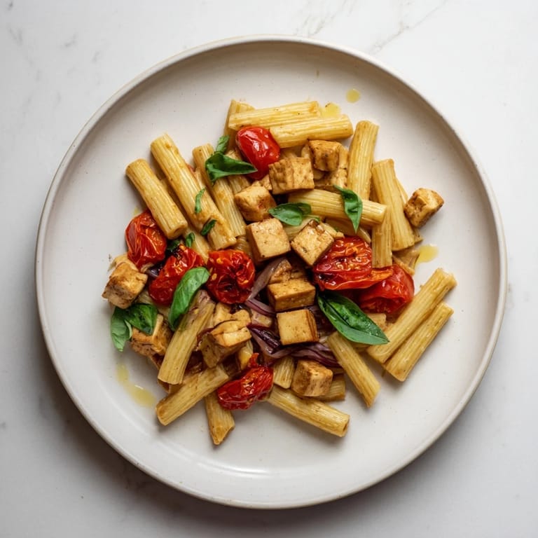This vibrant photo shows creamy Vegan Baked Tofu Feta Pasta, garnished with fresh basil leaves ready to enjoy.