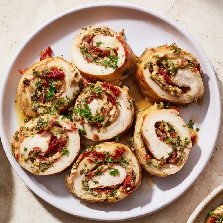 Savory Marry Me Chicken and Stuffing Roulades, with a sun-dried tomato cream sauce, fresh from the oven.