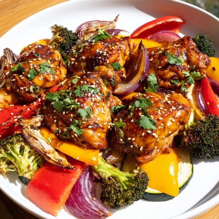 A close-up view of Spicy Honey-Garlic Chicken, showing tender chicken with roasted broccoli and zucchini.