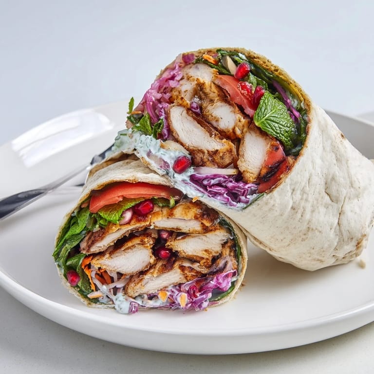Close up of a delicious Greek Yogurt Chicken Shawarma Christmas wrap ready to be sliced and enjoyed.