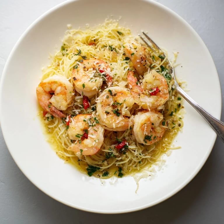 Creamy One-Skillet Lemon Garlic Shrimp Angel Hair Pasta, showcasing tender shrimp and delicious, flavorful pasta.