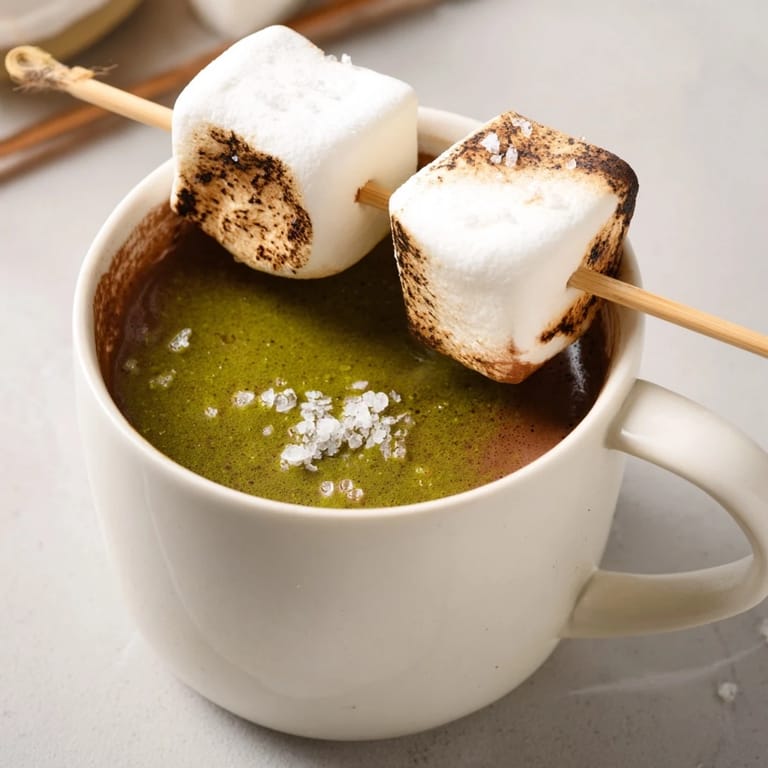Enjoy the rich flavor of this Toasted Marshmallow Campfire Matcha Hot Cocoa, a comforting campfire-inspired beverage, right at home.