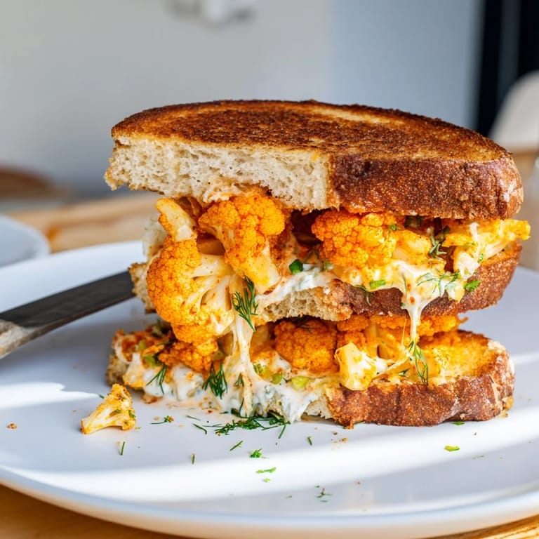 A close-up shot of the vibrant Buffalo Cauliflower Ranch Grilled Cheese, oozing with cheese and spicy buffalo flavor.