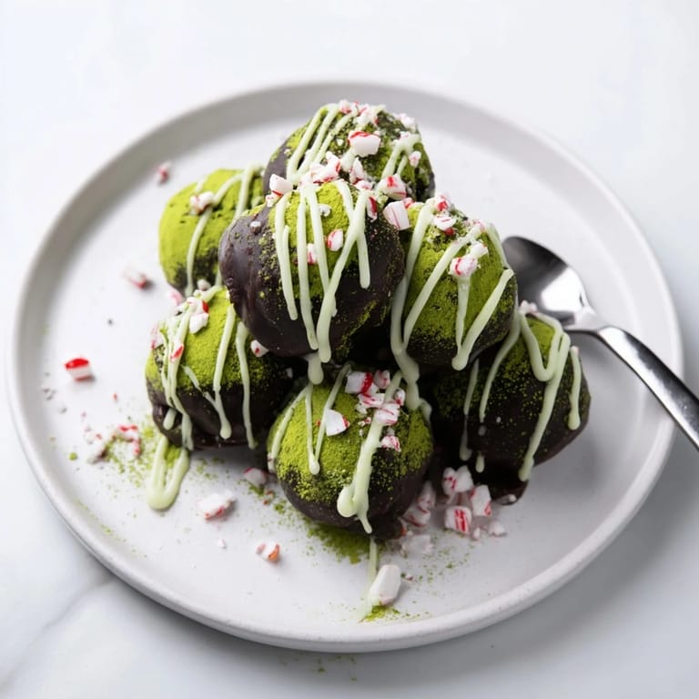 Smooth, round Matcha Dark Chocolate Peppermint Truffles dusted with matcha, ready for serving with tea.