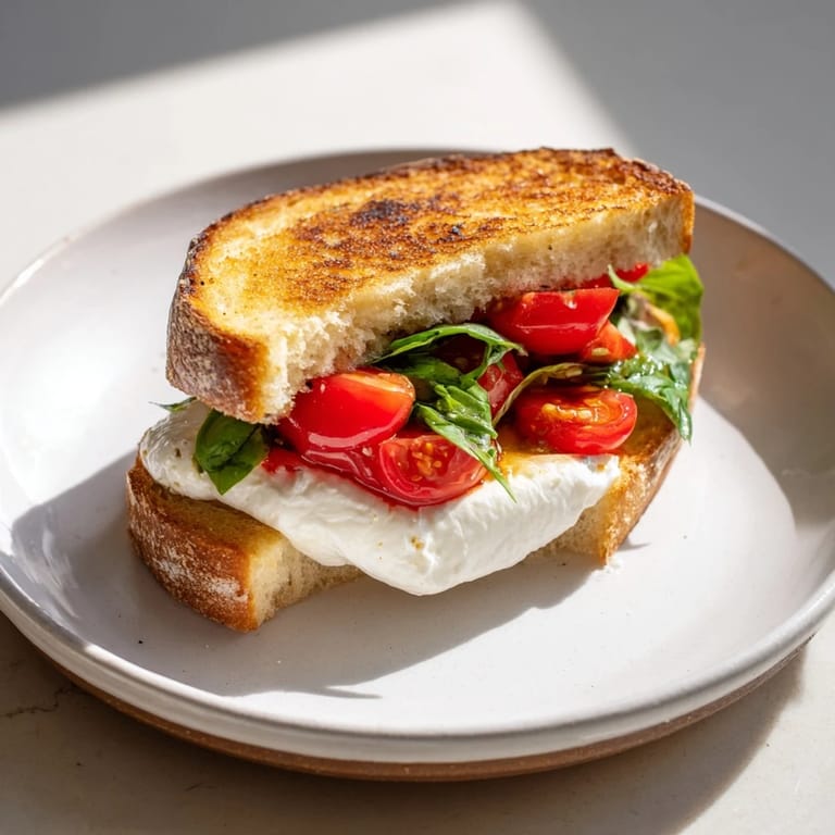 A close-up of a flavorful Tomato Basil Burrata Stuffed Grilled Cheese, ready to be sliced and enjoyed.