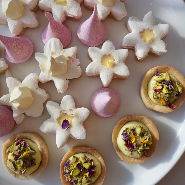 Enjoy an elegant Daisy Chain Dessert Tray presentation: pastel desserts, edible flowers, and fresh garnishes.
