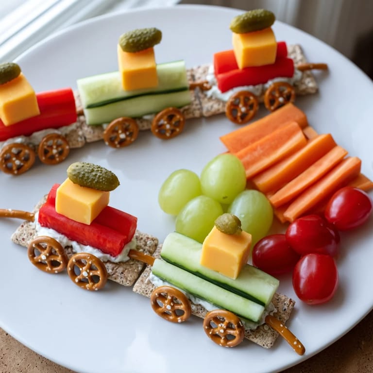 Bright red bell peppers and grapes create a fun Choo Choo Train Snack Track, ready for hungry kids.
