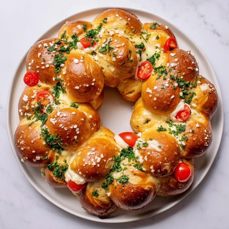 A platter presents the freshly baked Pretzel Joy Wreath, a savory appetizer perfect for sharing with friends.