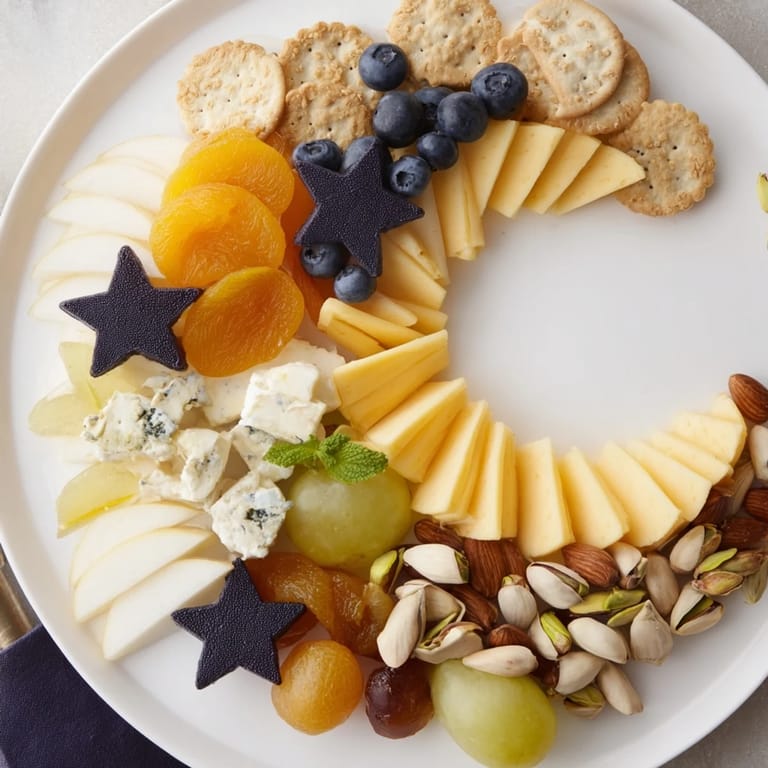 Gaze upon a richly textured Crescent Moon Midnight Snack Board, beautifully arranged with cheeses and fruits.