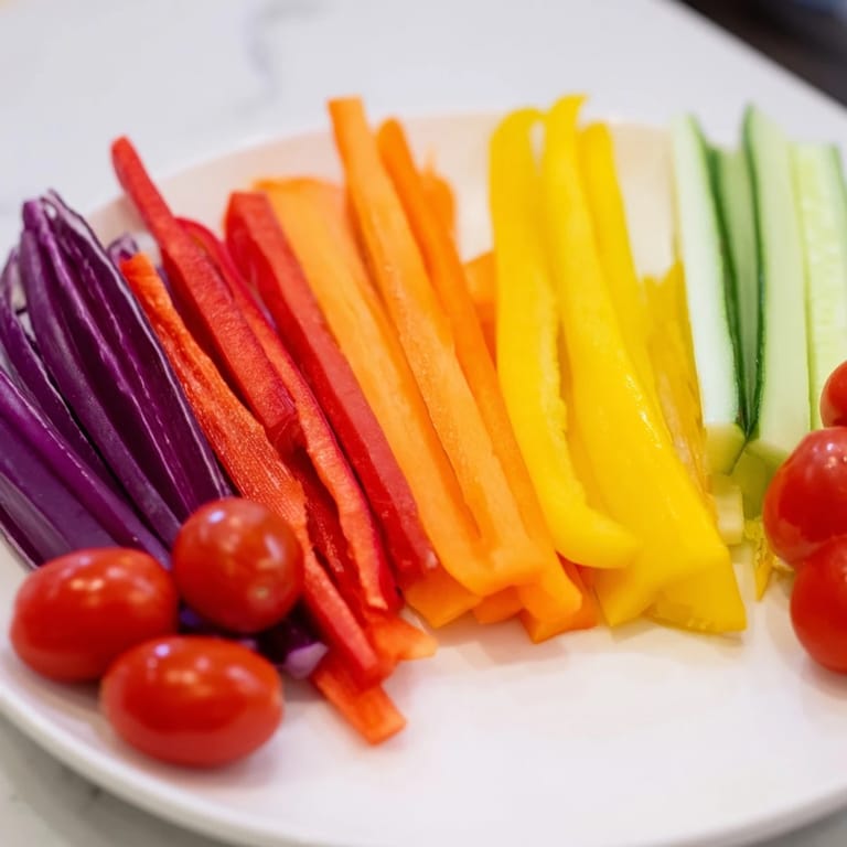 Enjoy savory Rainbow Arch Bright Veggie Sticks with a cool dip; a delicious, rainbow of healthy finger foods.