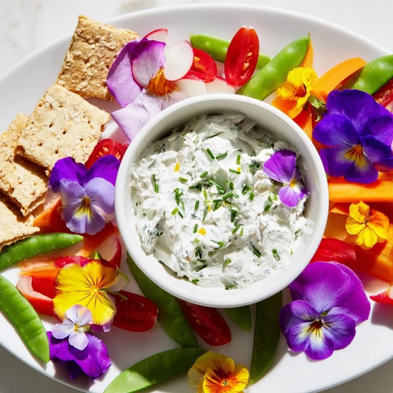 A colorful Fairy Garden Platter boasts beautiful edible blooms, crisp veggies, and flavorful dips for a delightful bite.