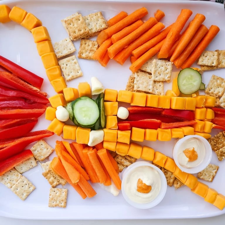 Delectable and fun-filled Spaceship Launch Snack Board with pretzels and carrots making rocket boosters, easy to enjoy.